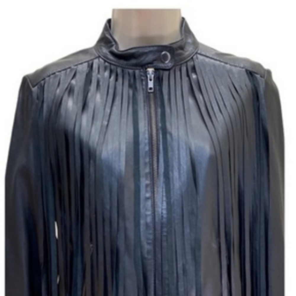 Reba small front fringe moto black leather Jacket